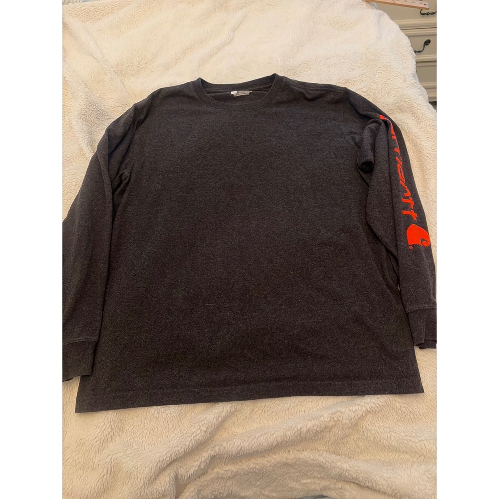 Carhartt Mens Loose Fit Long Sleeve T-Shirt Charcoal Gray Orange Logo Large